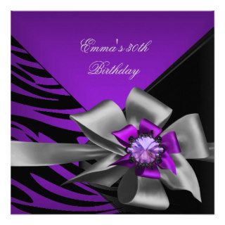 Birthday Party 30th Zebra Purple Black Silver Grey Personalized Invitation