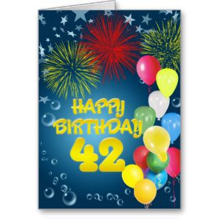 42nd Birthday card with fireworks and balloons