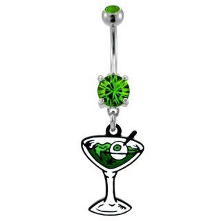 316L Implant Grade Surgical Steel Peridot Prong Set Navel/Belly Ring with Dangling Green Liquid Martini Glass with an Eyeball   14g (1.6mm), 3/8" (10mm) Length   Sold Individually Jewelry