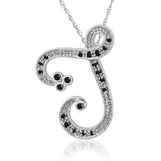 14k White Gold Alphabet Initial Letter T Black Diamond Pendant Necklace 0.12carat: Diamond Delight: Jewelry