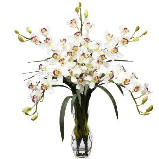 Nearly Natural 1184 WH Cymbidium Orchid Silk Flower Arrangement, White   Artificial Flowers