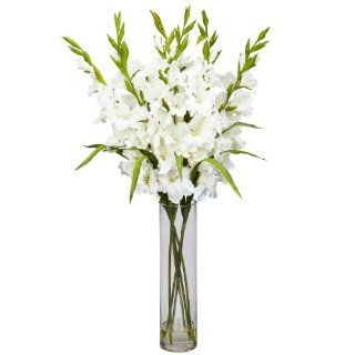 Nearly Natural 1240 Large Gladiola with Cylinder Vase Silk Flower Arrangement, White   Artificial Mixed Flower Arrangements