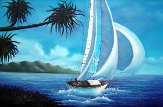 Sailing near Coast with Palm Trees Large Oil Painting 24x36 Inch, Unstretched/Unframed  