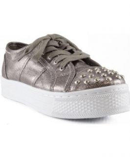 Qupid Maniac 08 Metallic Studded Lace Up Platform Sneaker PEWTER (8): Shoes