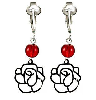 Modern Love Red Roses Clip On Earrings Valentine Collection, Unique Flower Accents w Silver Tone Couture Design for Women & Girls w Un pierced Ears: Jewelry
