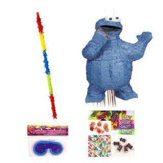 Cookie Monster 3D Pull Pinata Party Pack/Kit Including Pinata, Bit of Everyones Favorites Candy Filler Mix 3lb, Buster stick and Blindfold: Toys & Games