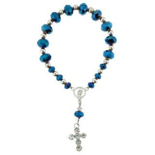 Blue Rosary Bracelet with Faceted Rondell Beads in 10x8mm and Clear Bead   Cross   Stretchy   5.25" Overall Length: Jewelry