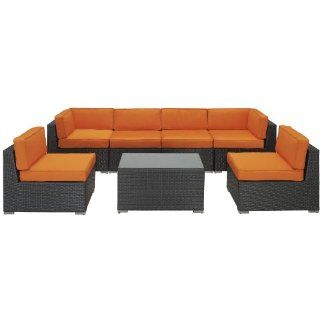 LexMod Aero Outdoor Wicker Patio 7 Piece Sectional Sofa Set in Espresso with Orange Cushions : Outdoor And Patio Furniture Sets : Patio, Lawn & Garden