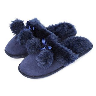 Totes Navy suedette mule slippers with ribbon bow and pom pom detail