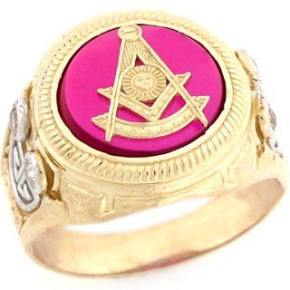 10k Gold Past Master Freemason Masonic Synthetic Ruby CZ Mens Ring: Jewelry