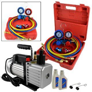 1/2HP 5 CFM Single Stage Rotary Vane Vacuum Pump w/ R134A Auto Freon AC Recharge Manifold Gauge Set Complete Combo Package: Home Improvement