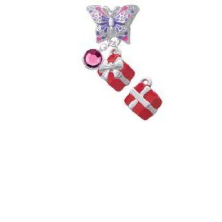 Small 3 D Red Present Box with Silver Bow Butterfly Charm Bead Dangle with Crystal Drop: Delight & Co.: Jewelry