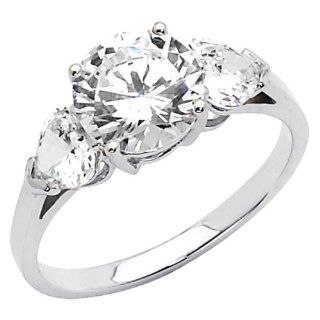 14K White Gold High Polish Finish Round cut 2.25 CTW Equivalent Three Stone Top Quality Shines CZ Cubic Zirconia Ladies Engagement Rings: Jewelry