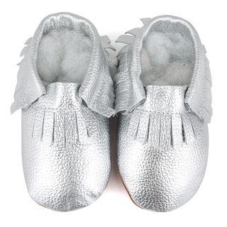 Fringe Soft Sole Leather Silver Baby Shoes Augusta Products Slip ons