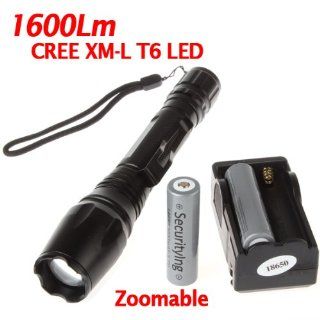 SecurityIng CREE XM L T6 LED Zoomable 1600Lm Flashlight Torch, Bright CREE LED Lamp Light Torch, Cree T6 LED Bulb Lamp Flashlight with 18650 Battery and Charger, Great Flashlight Torch for Cmaping, Hikging and Other Indoor/Outdoor Activities   Basic Handh