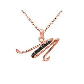 Rose Gold Plated in Sterling Silver Black Diamond Initial Necklaces Charm (M) with 18" Chain: Jewelry