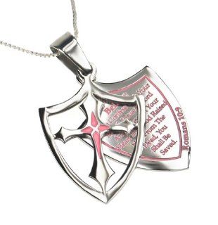 Christian Womens Stainless Steel Abstinence "Believe   If You Confess Jesus As Lord and Believe in Your Heart That God Has Raised Him From the Dead You Shall Be Saved. Romans 10:9" 2 Piece Pink Shield Cross Chastity Necklace on a 18" Silver 