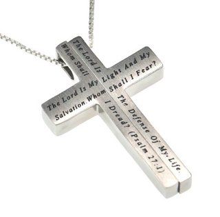 Christian Womens Stainless Steel Abstinence "The Lord Is My Light and My Salvation, Whom Shall I Fear? The Lord Is the Defense of My Life, Whom Shall I Dread? Psalm 27:1" 2 Piece Iron Cross Chastity Necklace on an 18" Silver Chain for Girls 
