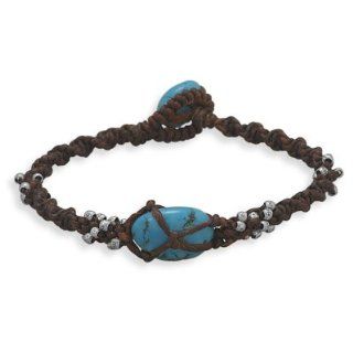 Turquoise Bead Twisted Macrame Bracelet with Toggle Clasp with Sterling Silver Bead Accents: Jewelry