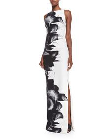 Carolina Herrera Sleeveless Techno Jersey Column Gown, Black/White