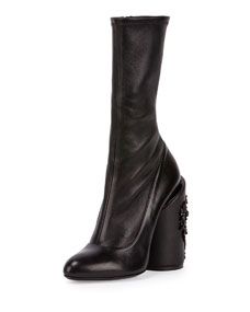 Givenchy Leather Embroidered Heel Show Boot, Black
