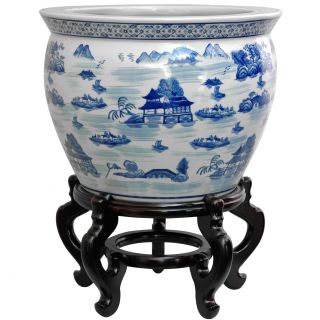 Porcelain 16 inch Blue and White Landscape Fishbowl (China