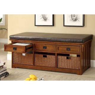 Furniture of America Doreen Padded Leatherette Bench with Storage Baskets   Antique Oak   Indoor Benches