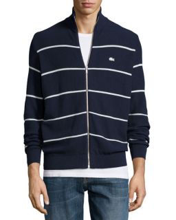 Lacoste Striped Jersey Zip Up Sweater, Navy