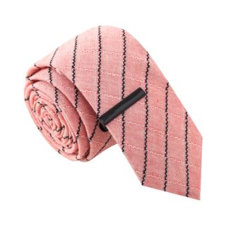 Skinny Tie Madness Mens Stripe Tease Salmon Skinny Tie with Tie Clip
