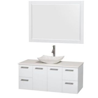 Wyndham Collection Amare 48 in. Vanity in Glossy White with Solid Surface Vanity Top in White, Carrara Marble Sink and 46 in. Mirror WCR410048SGWWSGS6M46