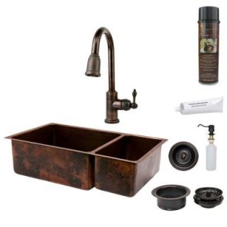 Premier Copper Products All in One Undermount Hammered Copper 33 in. 0 Hole 75/25 Double Bowl Kitchen Sink in Oil Rubbed Bronze KSP2_K75DB33199