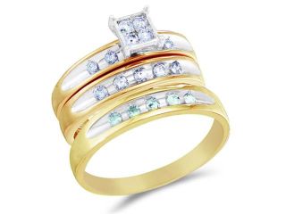 10K Two Tone Gold Diamond His & Hers Trio 3 Ring Set   Square Princess Shape Center Setting w/ Pave Channel Set Round Diamonds   (.48 cttw, G H, SI2)   SEE "OVERVIEW" TO CHOOSE BOTH SIZES