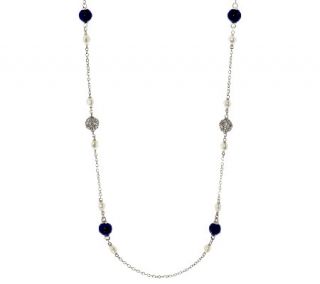 Judith Ripka Sterling Lapis & Pearl Station Necklace with Diamonique   J293760 —
