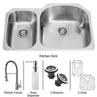 Vigo All in One Undermount Stainless Steel 31 in. Double Bowl Kitchen Sink with Faucet Set in Chrome VG15057