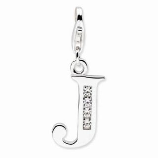 Sterling Silver CZ Letter J with Lobster Clasp Charm (0.9in long x 0.5in wide)