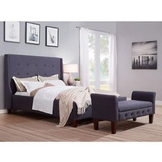 Upholstered Wingback Tweed Queen Bed and Bench, Grey