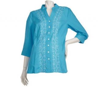 Denim & Co. 3/4 Sleeve Cotton Tunic with Contrast Embroidery —