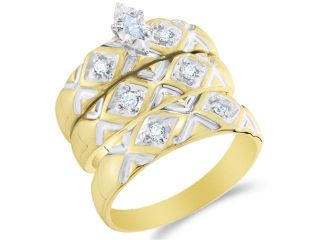 10K Yellow and White Two Tone Gold Diamond Trio 3 Ring His & Hers Set   Solitaire Setting w/ Marquise & Round Diamonds   (1/5 cttw, G H, SI2)   SEE "OVERVIEW" TO CHOOSE BOTH SIZES
