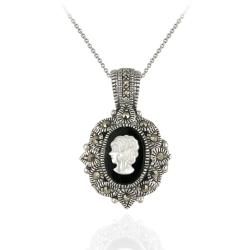 Glitzy Rocks Sterling Silver Marcasite Onyx and Mother of Pearl Cameo