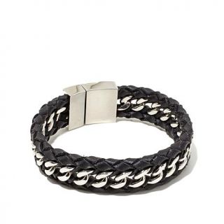 Men's Stainless Steel Link and Leather Magnetic Woven Bracelet   7562065