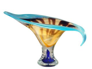 12.5" Amber and Turquoise Kelso Decorative Hand Blown Art Glass Favrile Bowl