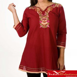 Womens Cotton Beige and Pink Collar Embroidered Kurti/ Tunic (India)
