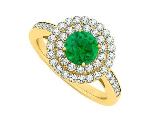 Halo Emerald May and Double Circle CZ April Birthstone 14K Yellow Gold  Engagement Ring