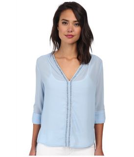 Christin Michaels Sheer Dahlia Blouse Sequin with Roll Up Sleeve and Tab Light Blue