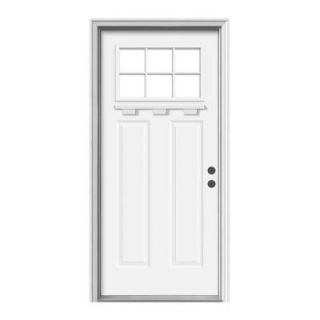 JELD WEN 36 in. x 80 in. Craftsman 6 Lite Painted Premium Steel Prehung Front Door with Brickmould and Dentil Shelf N11647