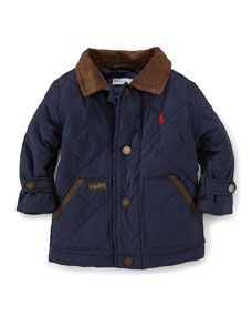 Ralph Lauren Childrenswear Corduroy Trim Matte Quilted Coat, Aviator Navy, Size 9 24 Months