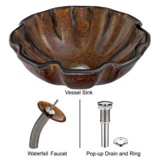 Vigo Glass Vessel Sink in Walnut Shell with Waterfall Faucet Set in Brushed Nickel VGT032BNRND