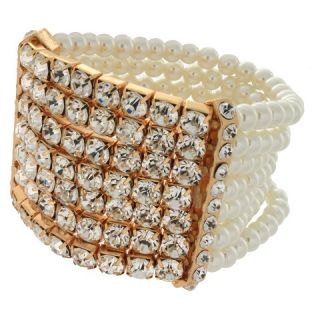 Stretch Bracelet with Simulated Pearls and Crystal Gemstones   Gold