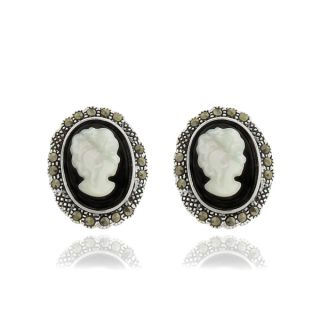 Dolce Giavonna Silverplated Black Onyx, Cameo Shell and Marcasite Stud