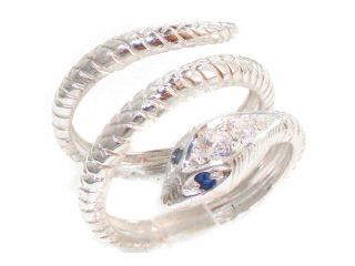 Solid 9K White Gold Sapphire & Diamond Snake Band Wrap Ring   Size 10.25   Finger Sizes 4 to 12 Available